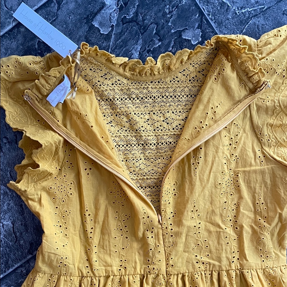 ⭐️NWT HOUSE OF HARLOW Yellow Eyelet Ruffle Cotton Babydoll Scallop Coastal Dress - Picture 10 of 16
